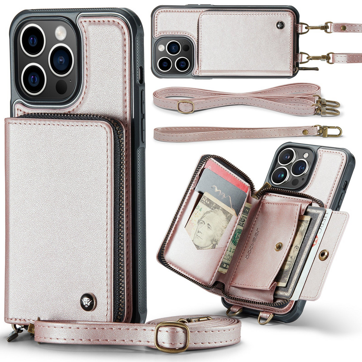 Premium iPhone Case MagSafe Wallet Leather Crossbody Card Holder Stand Shockproof Protective Cover Camera Lens Protection Slim Design Phone Chain Grip