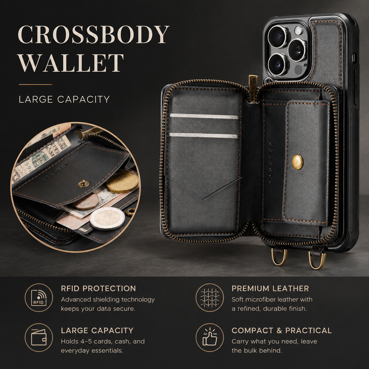 Premium iPhone Case MagSafe Wallet Leather Crossbody Card Holder Stand Shockproof Protective Cover Camera Lens Protection Slim Design Phone Chain Grip