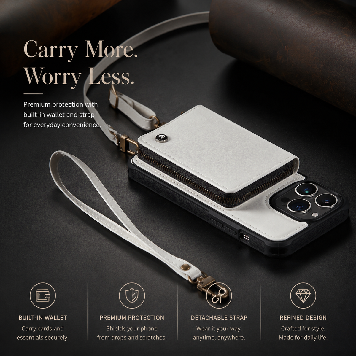 Premium iPhone Case MagSafe Wallet Leather Crossbody Card Holder Stand Shockproof Protective Cover Camera Lens Protection Slim Design Phone Chain Grip