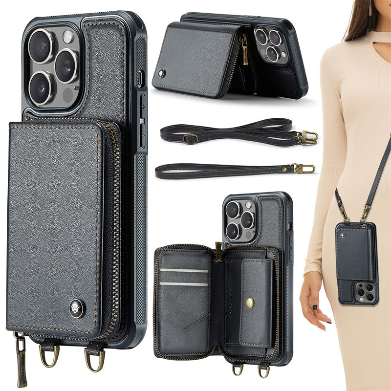 Premium iPhone Case MagSafe Wallet Leather Crossbody Card Holder Stand Shockproof Protective Cover Camera Lens Protection Slim Design Phone Chain Grip