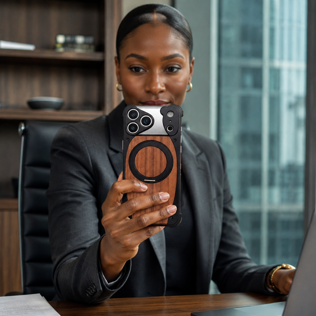 Premium iPhone Case MagSafe Walnut Wood Aluminum Frame Magnetic 360 Rotating Ring Stand Shockproof Non Slip Slim Lightweight Frameless Protective Cover