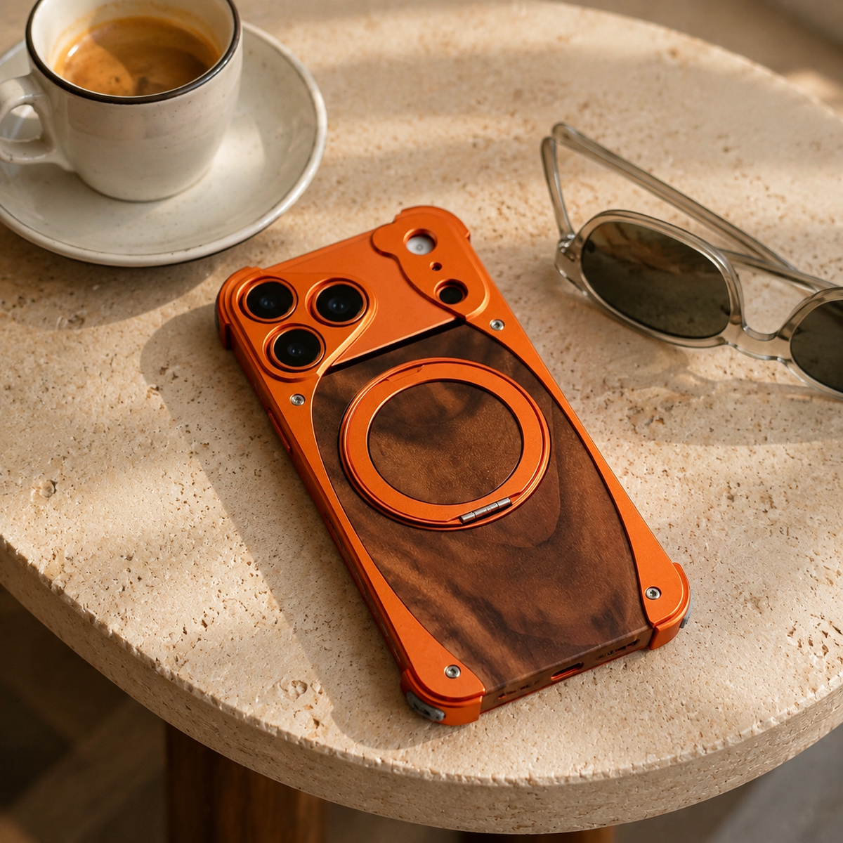 Premium iPhone Case MagSafe Walnut Wood Aluminum Frame Magnetic 360 Rotating Ring Stand Shockproof Non Slip Slim Lightweight Frameless Protective Cover