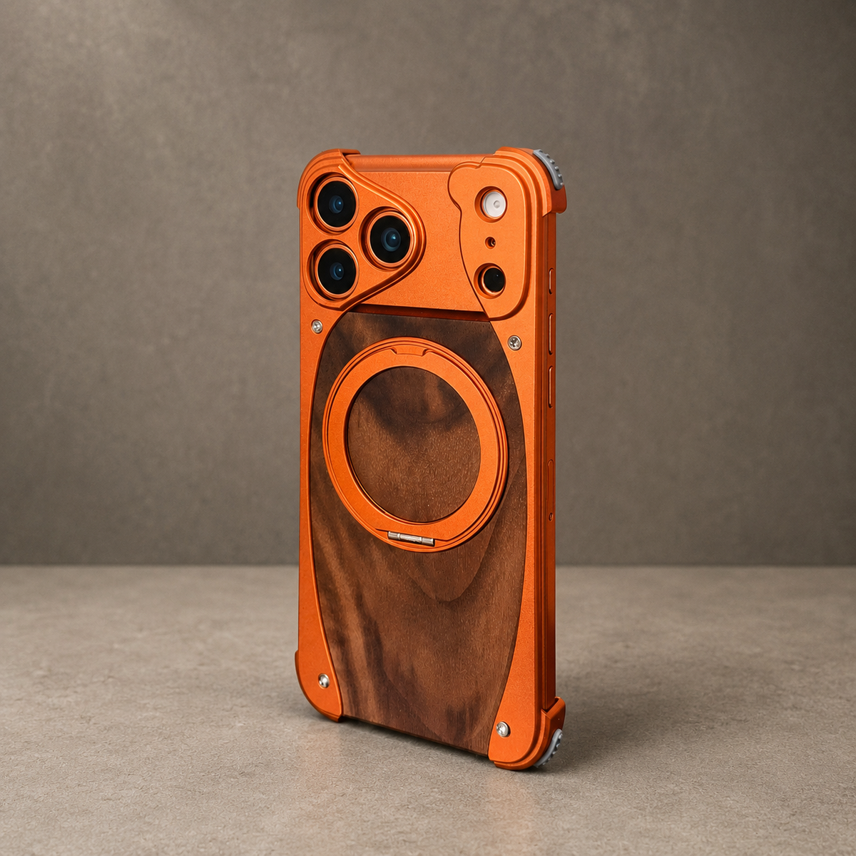 Premium iPhone Case MagSafe Walnut Wood Aluminum Frame Magnetic 360 Rotating Ring Stand Shockproof Non Slip Slim Lightweight Frameless Protective Cover