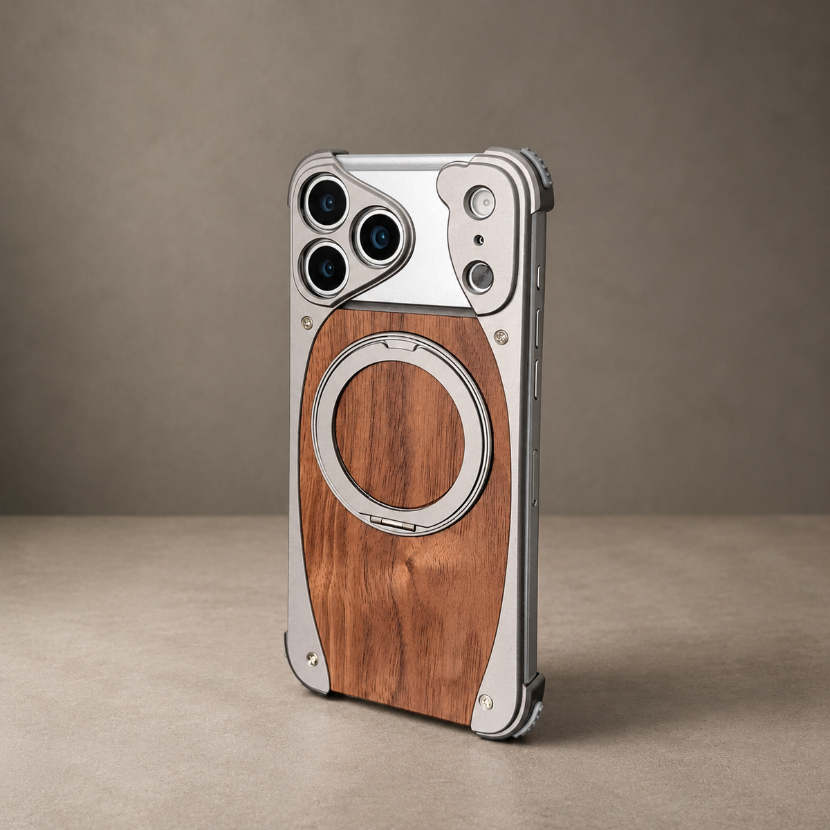 Premium iPhone Case MagSafe Walnut Wood Aluminum Frame Magnetic 360 Rotating Ring Stand Shockproof Non Slip Slim Lightweight Frameless Protective Cover
