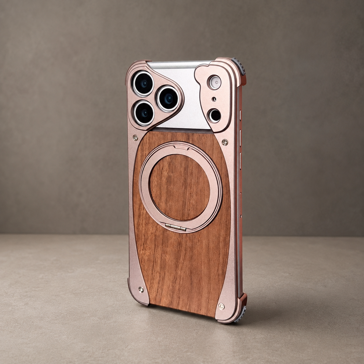 Premium iPhone Case MagSafe Walnut Wood Aluminum Frame Magnetic 360 Rotating Ring Stand Shockproof Non Slip Slim Lightweight Frameless Protective Cover