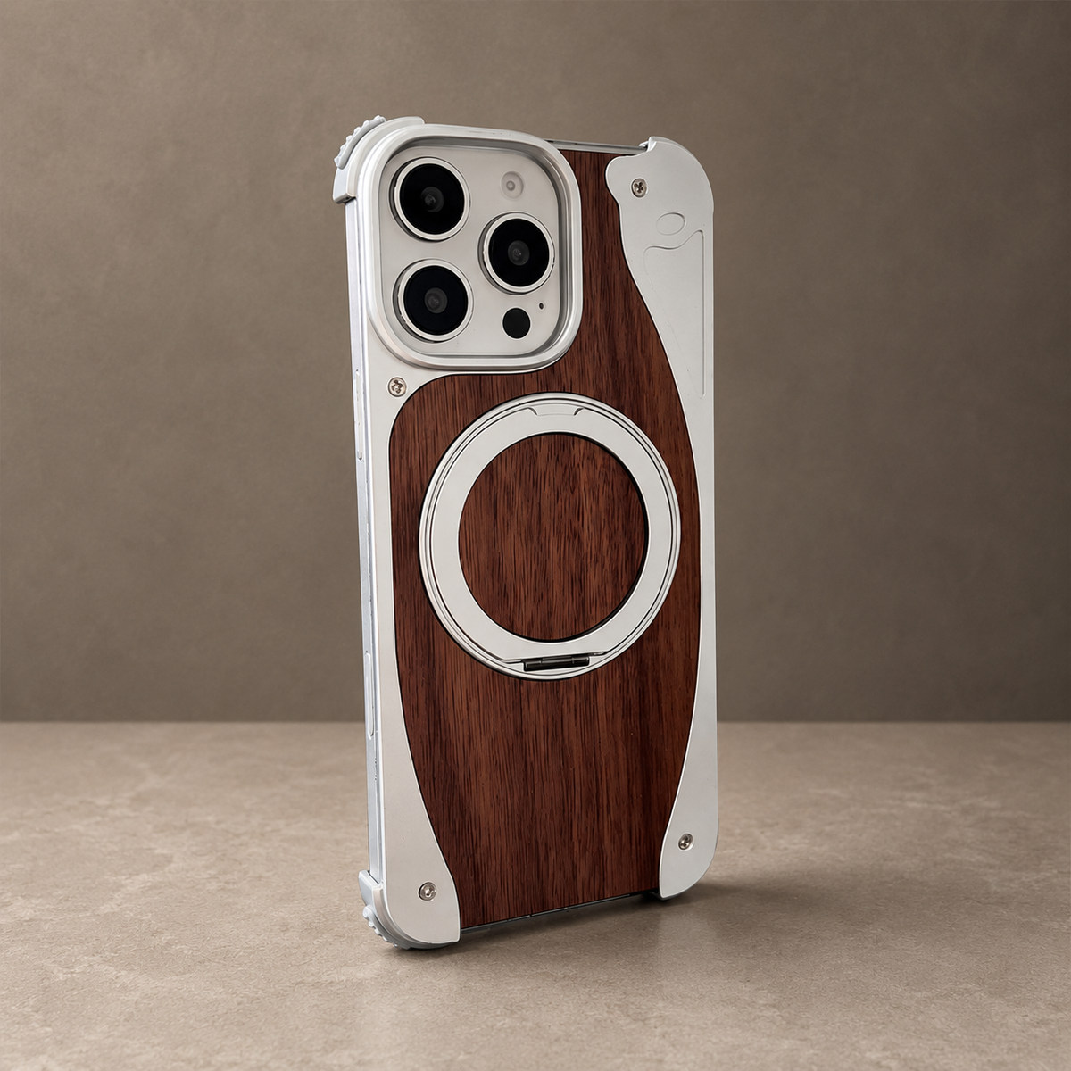Premium iPhone Case MagSafe Walnut Wood Aluminum Frame Magnetic 360 Rotating Ring Stand Shockproof Non Slip Slim Lightweight Frameless Protective Cover