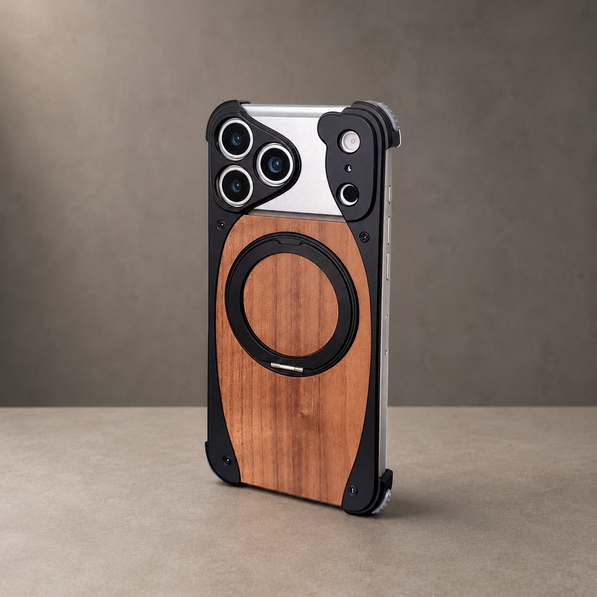 Premium iPhone Case MagSafe Walnut Wood Aluminum Frame Magnetic 360 Rotating Ring Stand Shockproof Non Slip Slim Lightweight Frameless Protective Cover