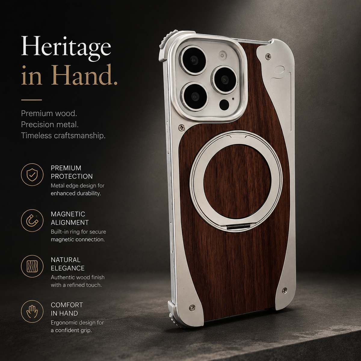 Premium iPhone Case MagSafe Walnut Wood Aluminum Frame Magnetic 360 Rotating Ring Stand Shockproof Non Slip Slim Lightweight Frameless Protective Cover
