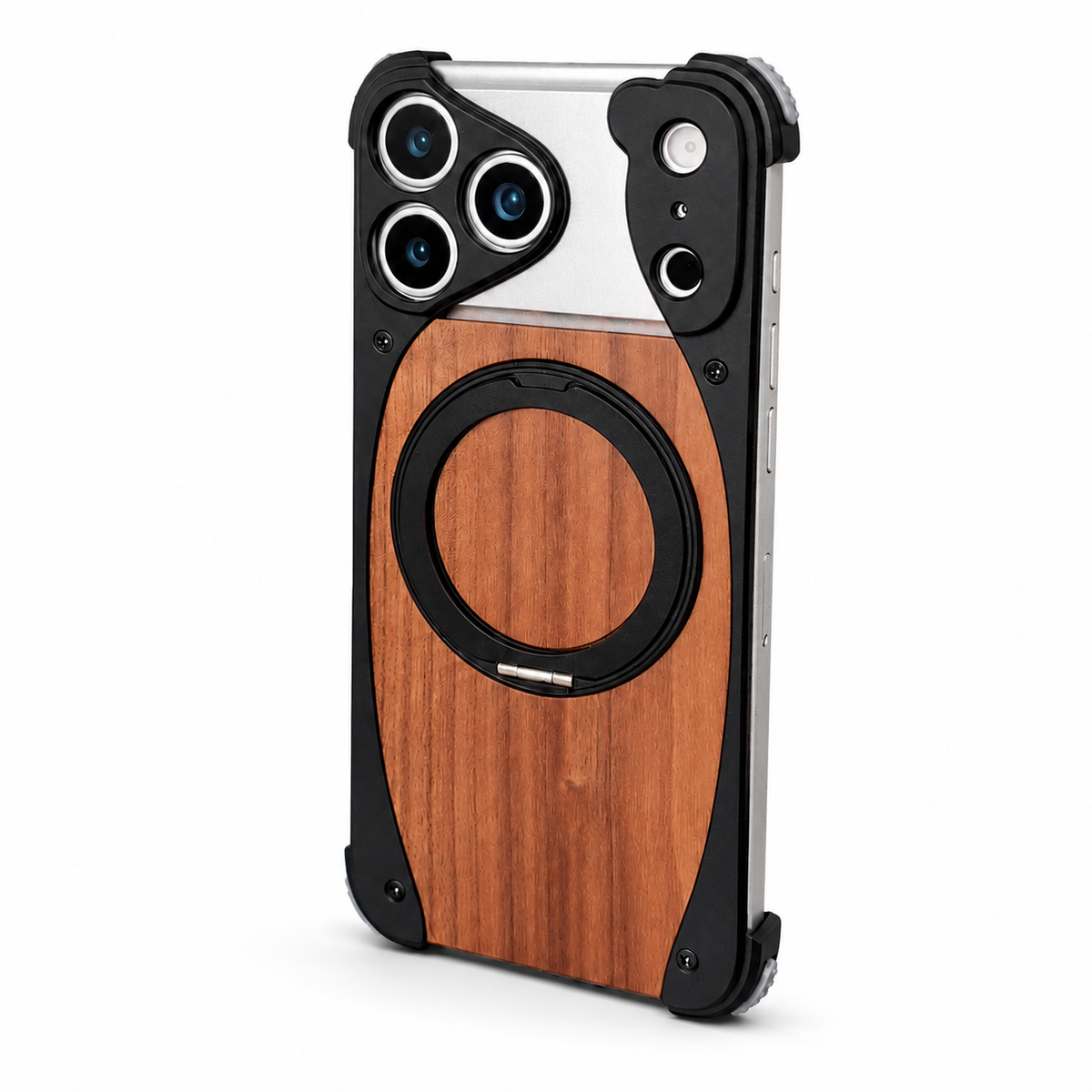 Premium iPhone Case MagSafe Walnut Wood Aluminum Frame Magnetic 360 Rotating Ring Stand Shockproof Non Slip Slim Lightweight Frameless Protective Cover