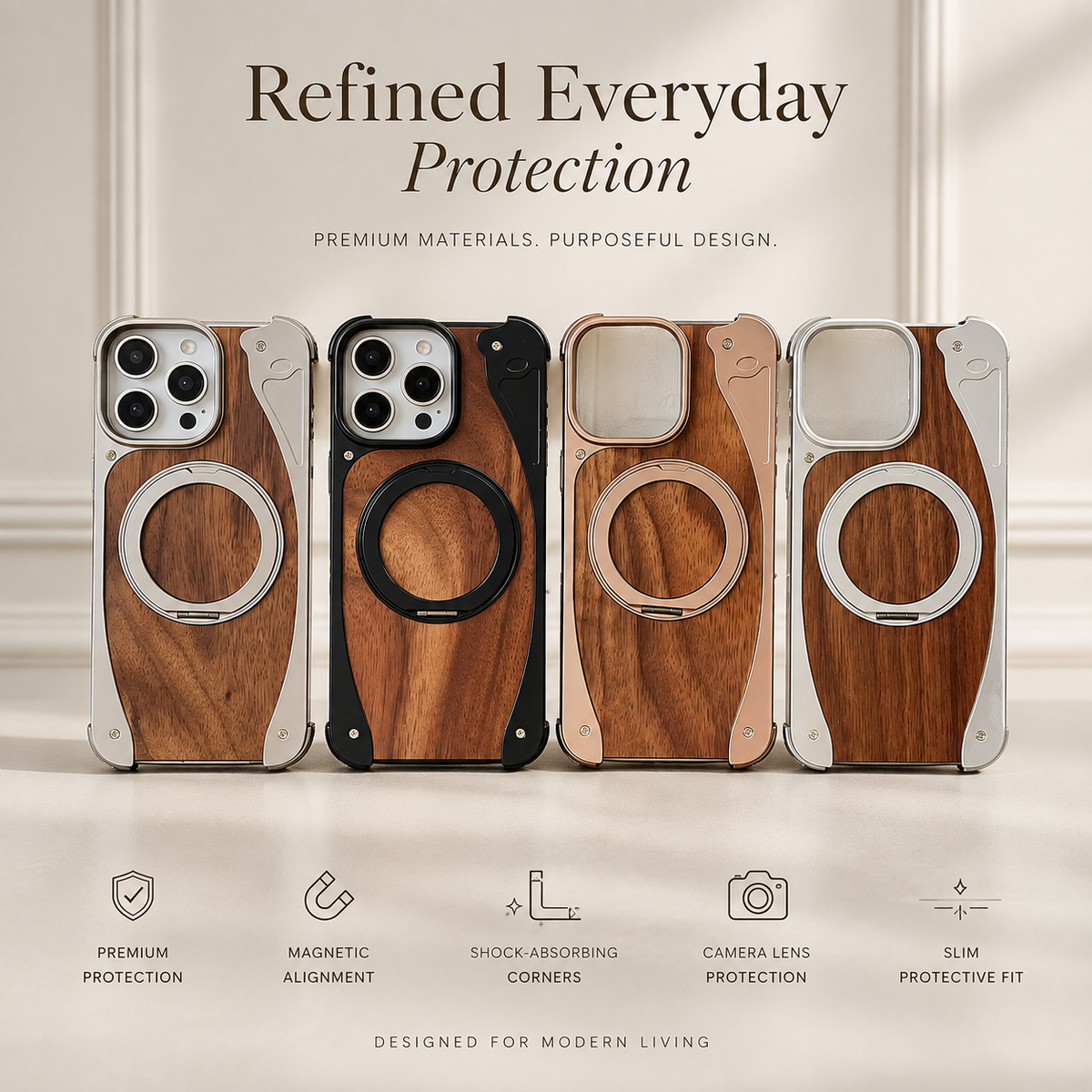 Premium iPhone Case MagSafe Walnut Wood Metal Frame 360 Rotating Ring Stand Magnetic Shockproof Aluminum Alloy Non Slip Slim Frameless Protective Cover