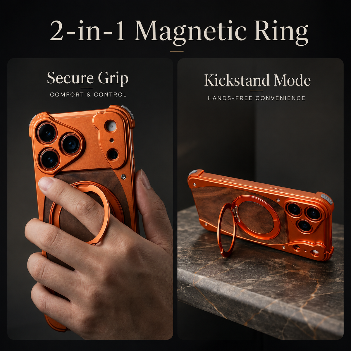 Premium iPhone Case MagSafe Walnut Wood Metal Frame 360 Rotating Ring Stand Magnetic Shockproof Aluminum Alloy Non Slip Slim Frameless Protective Cover