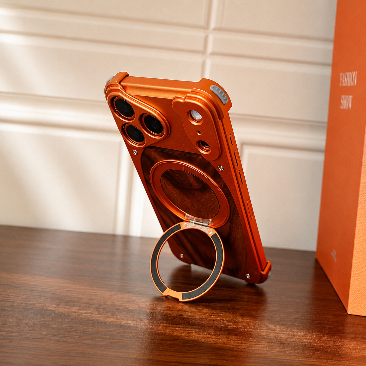 Premium iPhone Case MagSafe Walnut Wood Metal Frame 360 Rotating Ring Stand Magnetic Shockproof Aluminum Alloy Non Slip Slim Frameless Protective Cover