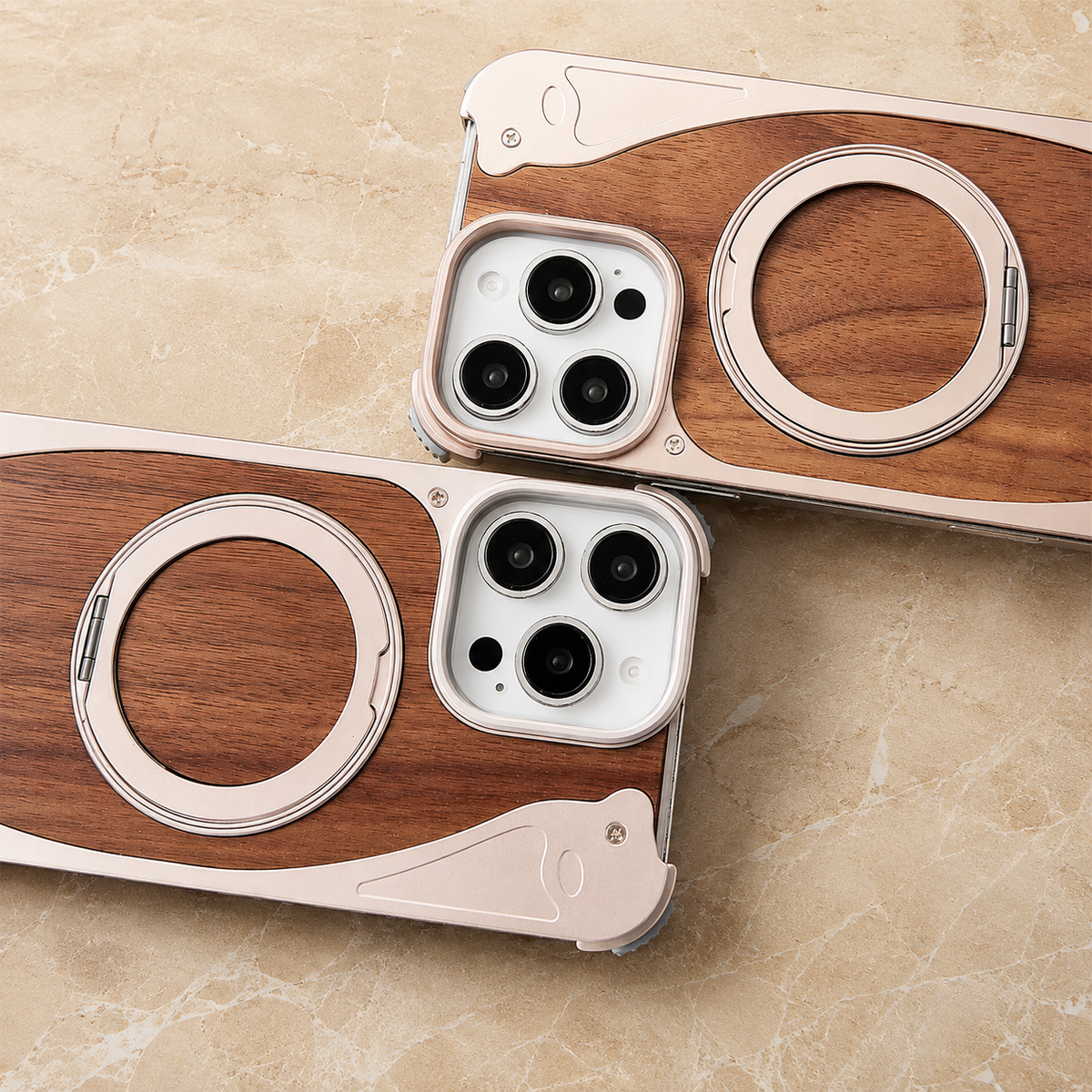 Premium iPhone Case MagSafe Walnut Wood Metal Frame 360 Rotating Ring Stand Magnetic Shockproof Aluminum Alloy Non Slip Slim Frameless Protective Cover