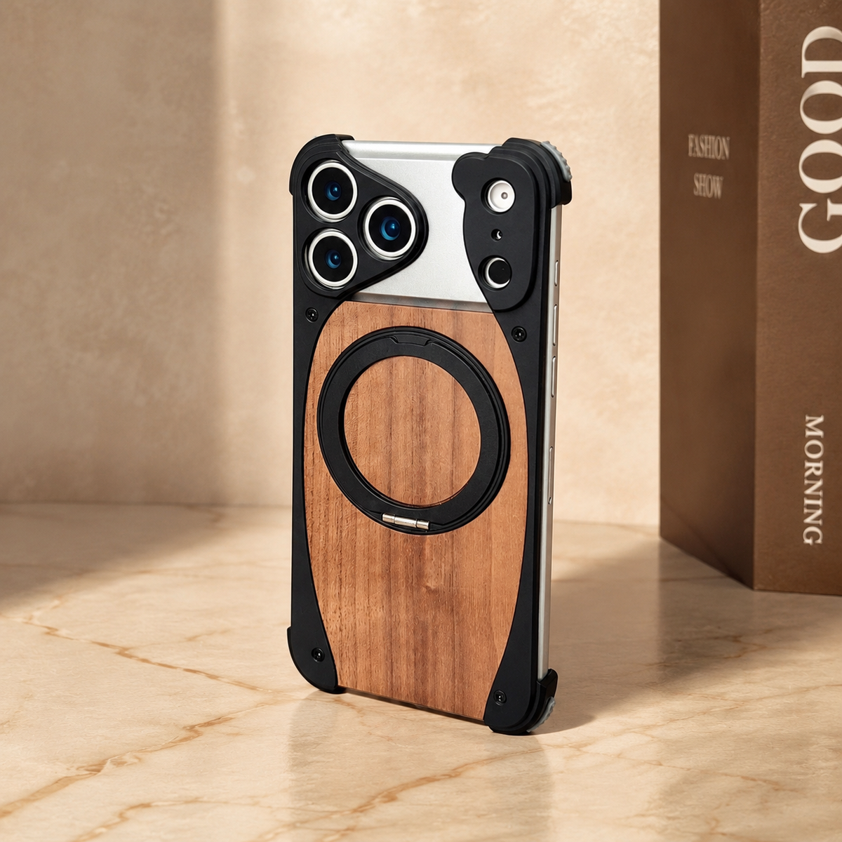 Premium iPhone Case MagSafe Walnut Wood Metal Frame 360 Rotating Ring Stand Magnetic Shockproof Aluminum Alloy Non Slip Slim Frameless Protective Cover