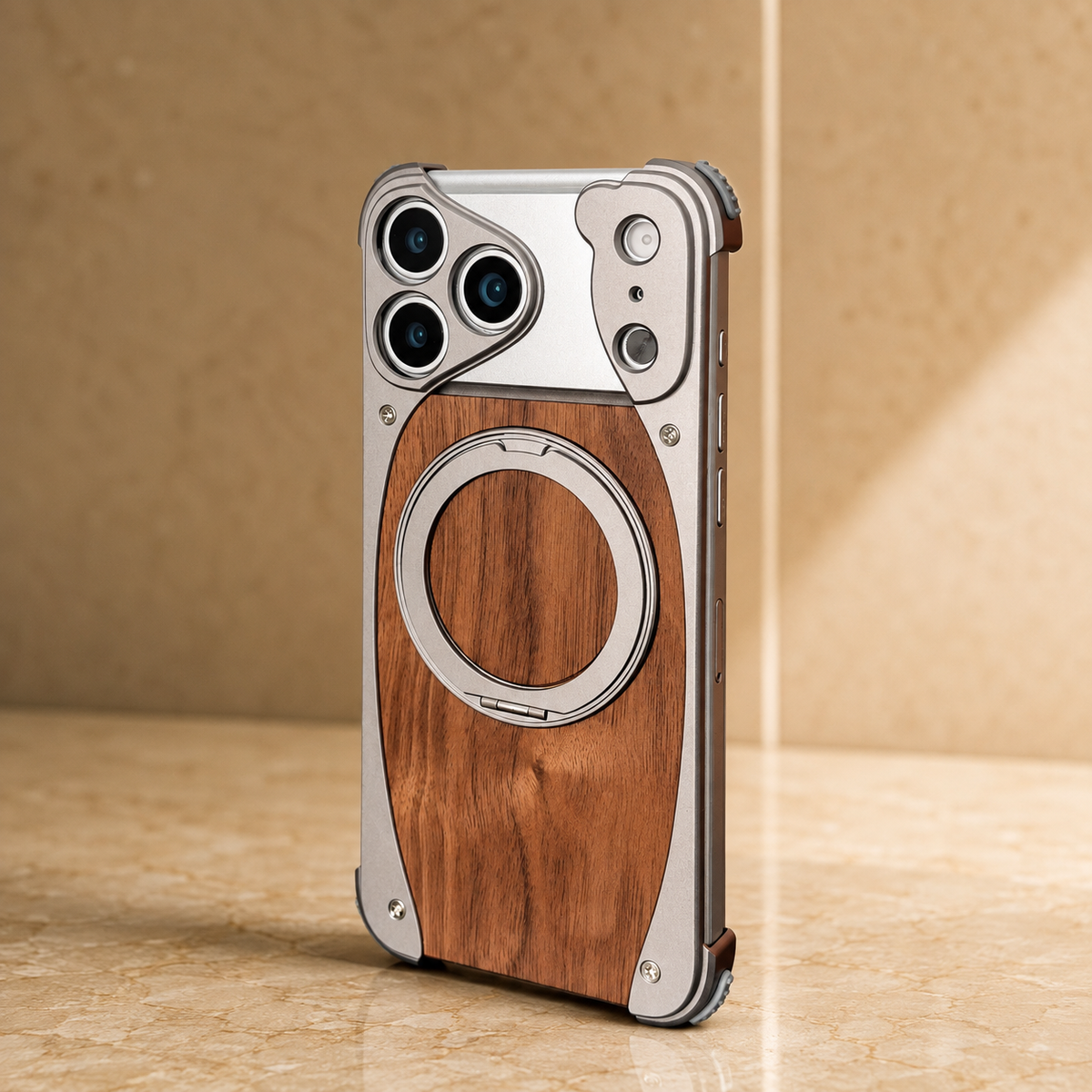 Premium iPhone Case MagSafe Walnut Wood Metal Frame 360 Rotating Ring Stand Magnetic Shockproof Aluminum Alloy Non Slip Slim Frameless Protective Cover