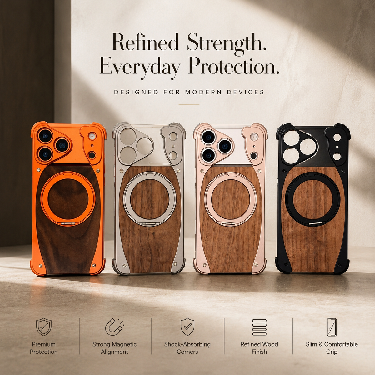 Premium iPhone Case MagSafe Walnut Wood Metal Frame 360 Rotating Ring Stand Magnetic Shockproof Aluminum Alloy Non Slip Slim Frameless Protective Cover