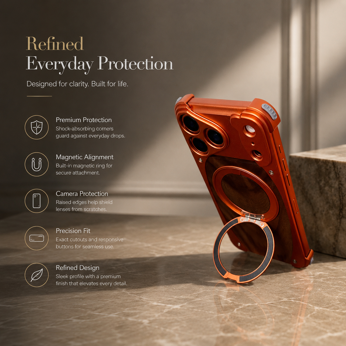 Premium iPhone Case MagSafe Walnut Wood Metal Frame 360 Rotating Ring Stand Magnetic Shockproof Aluminum Alloy Non Slip Slim Frameless Protective Cover