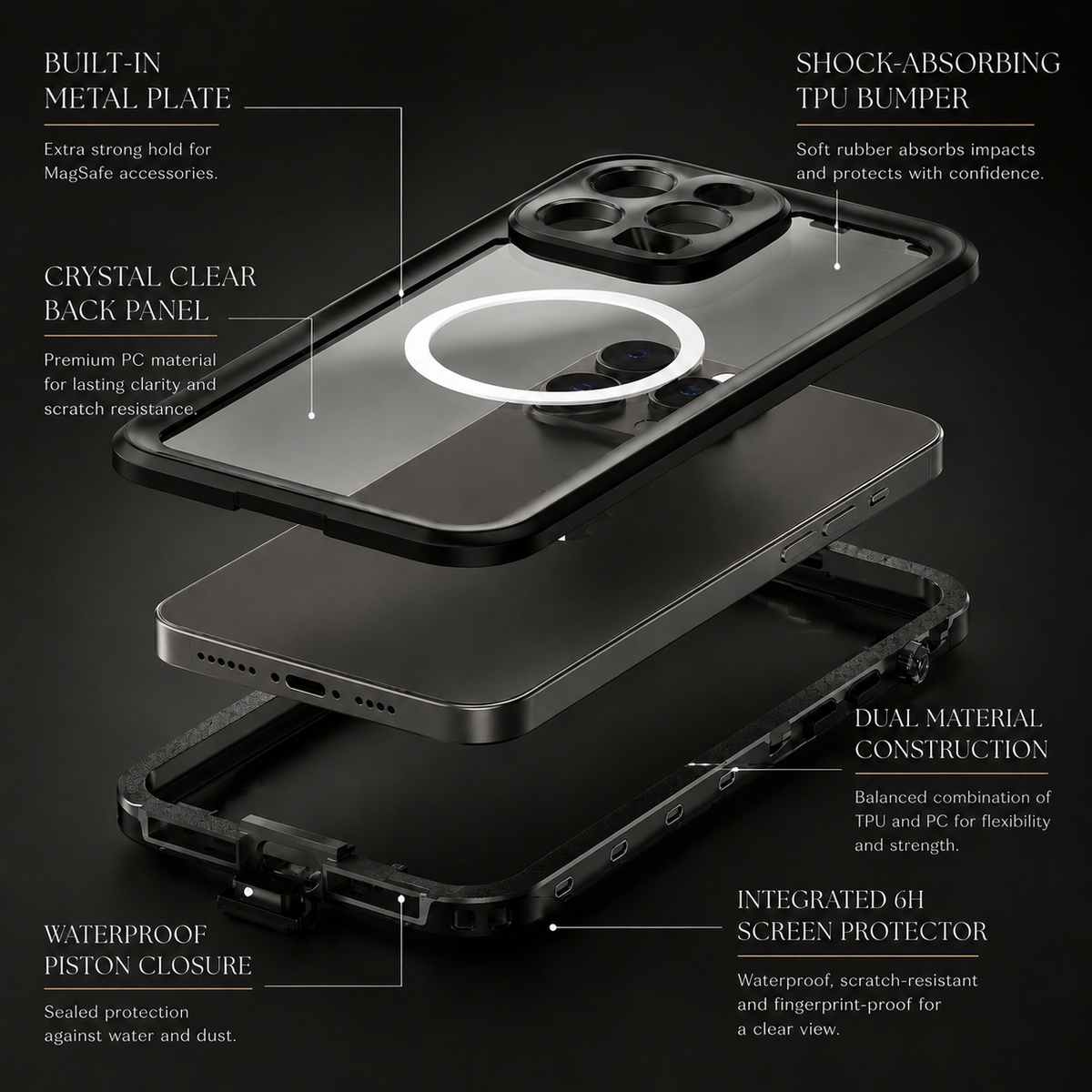 Premium iPhone Case MagSafe Waterproof IP68 Sealed Cover Shockproof 360° Full Body Protection Camera Screen Guard Rugged Outdoor Protective Design Use