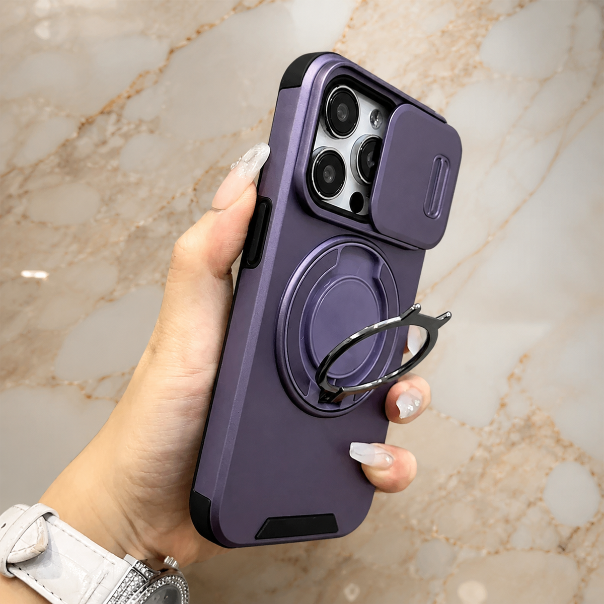 Premium iPhone Case Magnetic Bracket Shockproof PC Acrylic Heavy Duty Rugged Armor Anti Scratch Anti Fingerprint Non Slip Stand Protective Cover