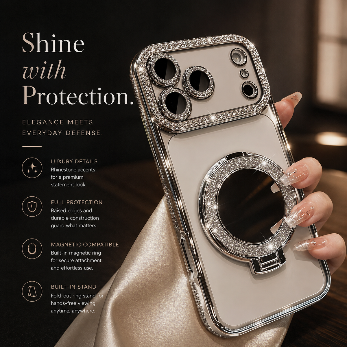 Premium iPhone Case Magnetic Diamond Mirror Stand Protective Cover Glitter Anti Scratch Bling Kickstand Slim Sparkling Fashion Hard Shell Case
