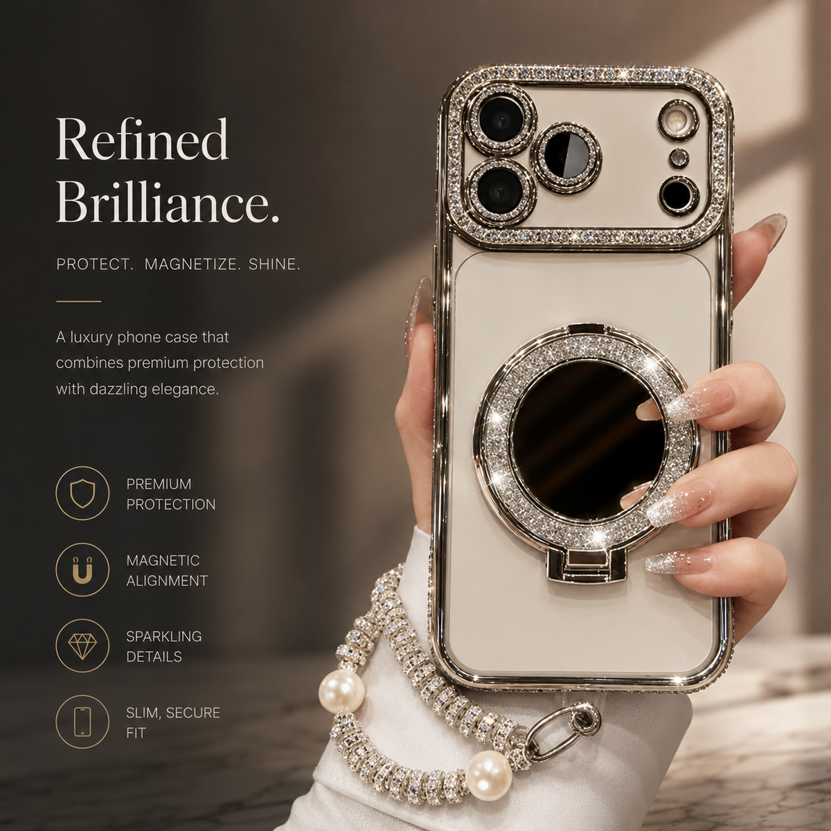 Premium iPhone Case Magnetic Diamond Mirror Stand Protective Cover Glitter Anti Scratch Bling Kickstand Slim Sparkling Fashion Hard Shell Case