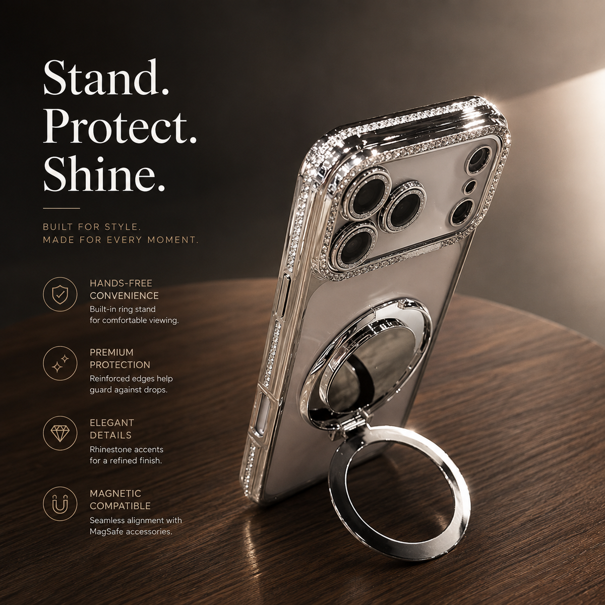 Premium iPhone Case Magnetic Diamond Mirror Stand Protective Cover Glitter Anti Scratch Bling Kickstand Slim Sparkling Fashion Hard Shell Case