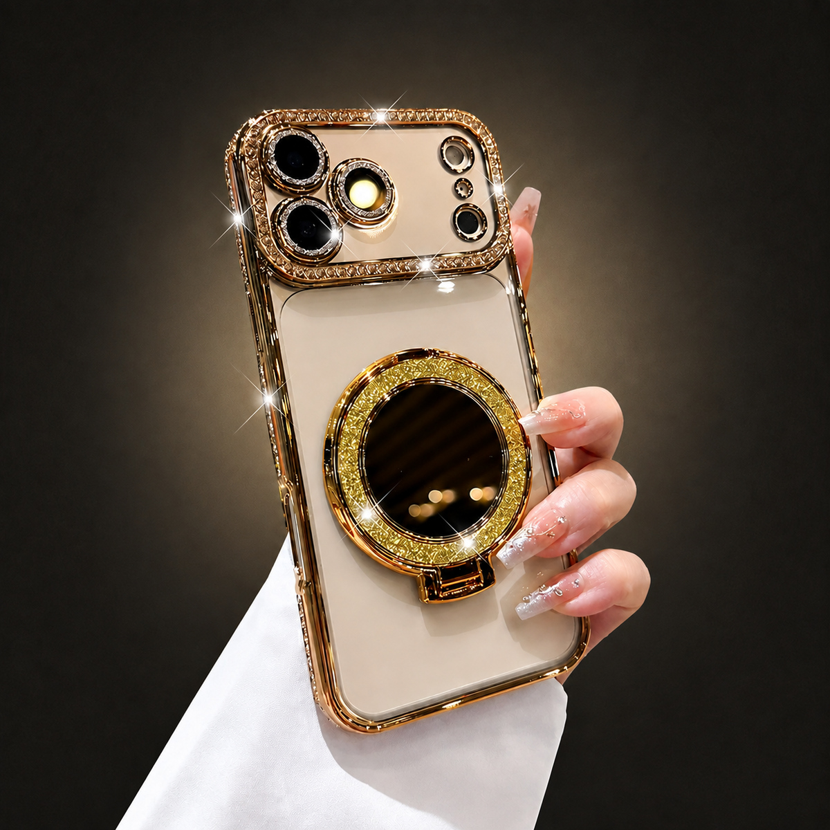 Premium iPhone Case Magnetic Diamond Mirror Stand Protective Cover Glitter Anti Scratch Bling Kickstand Slim Sparkling Fashion Hard Shell Case