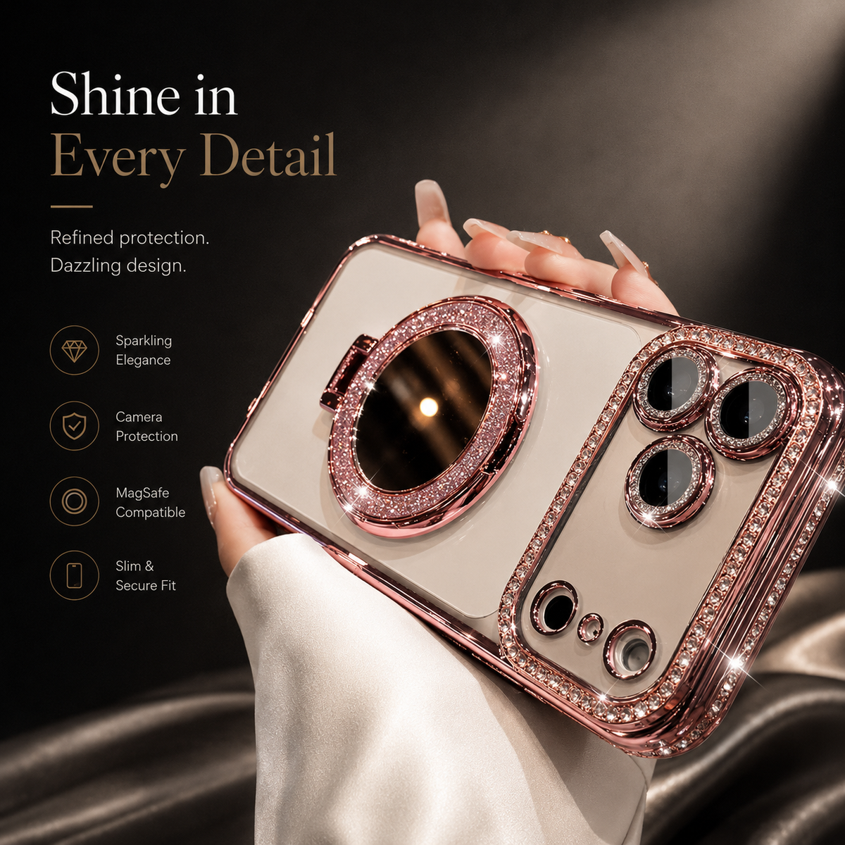 Premium iPhone Case Magnetic Diamond Mirror Stand Protective Cover Glitter Anti Scratch Bling Kickstand Slim Sparkling Fashion Hard Shell Case