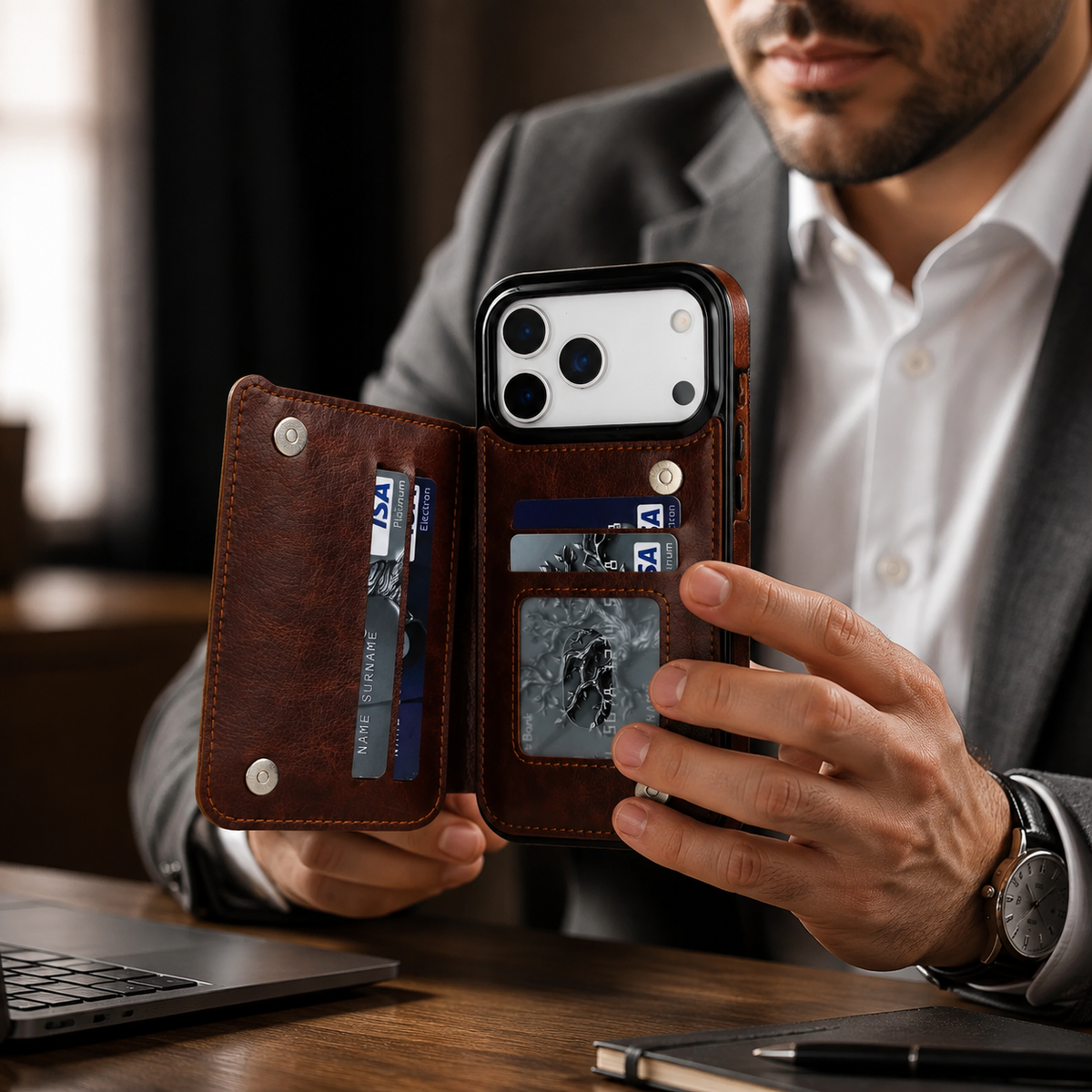 Premium iPhone Case Magnetic Flip Wallet Cover Faux Leather Card Holder Kickstand Shockproof Full Body Camera Lens Guard Slim Design