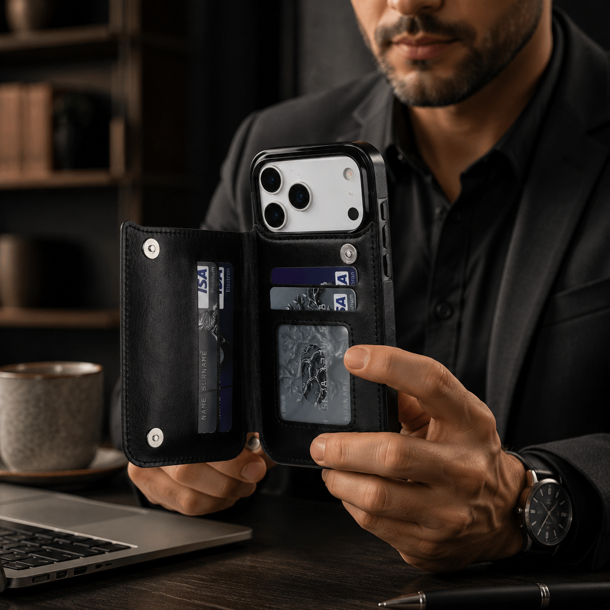 Premium iPhone Case Magnetic Flip Wallet Cover Faux Leather Card Holder Kickstand Shockproof Full Body Camera Lens Guard Slim Design