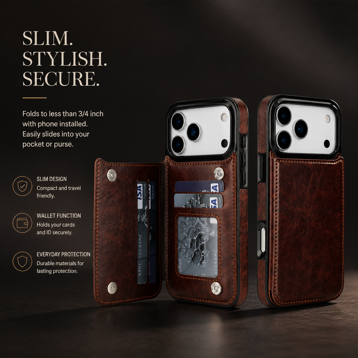 Premium iPhone Case Magnetic Flip Wallet Cover Faux Leather Card Holder Kickstand Shockproof Full Body Camera Lens Guard Slim Design