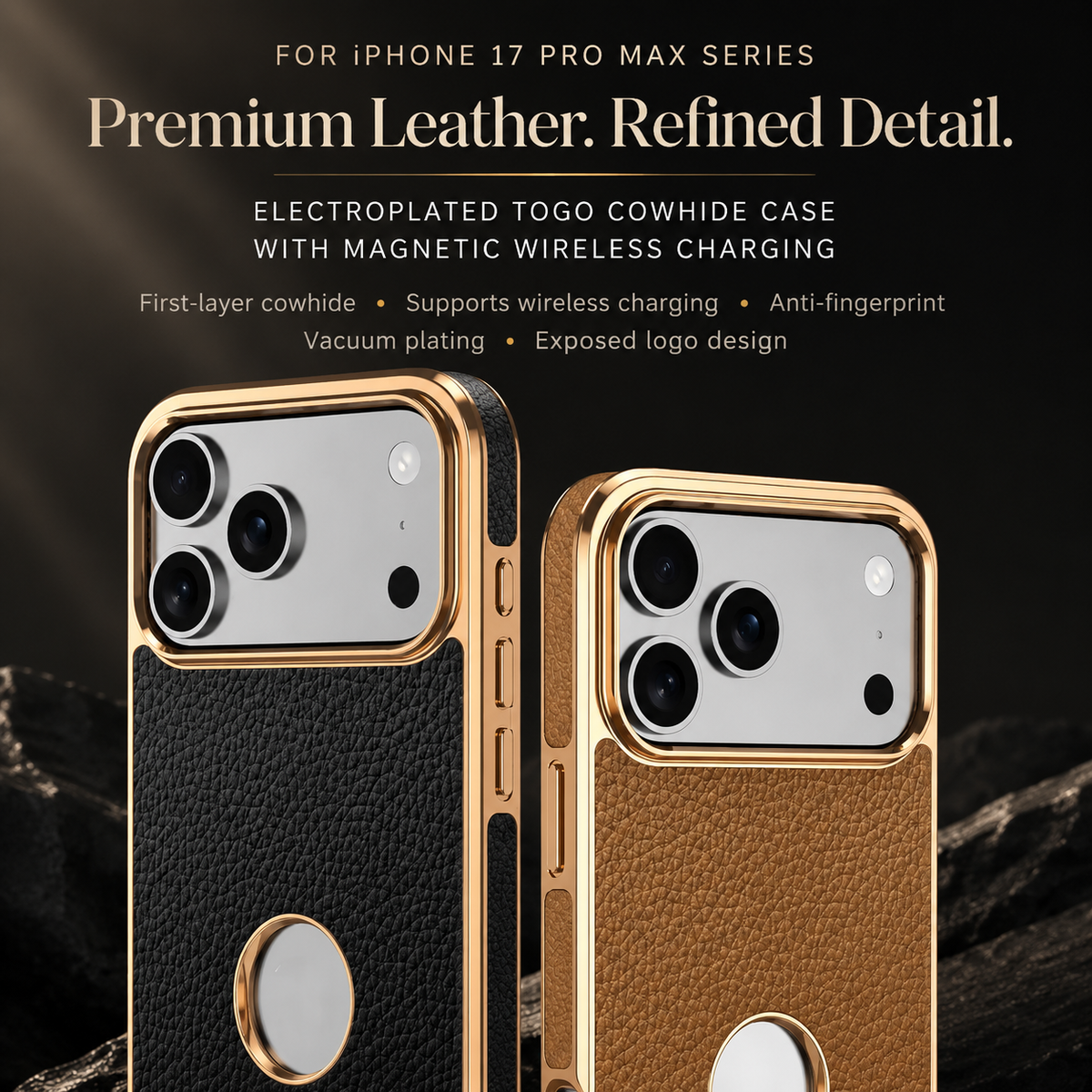 Premium iPhone Case Magnetic Genuine Leather Cowhide Lychee Texture Slim Protective Cover MagSafe Compatible Anti Fingerprint Non Slip Grip