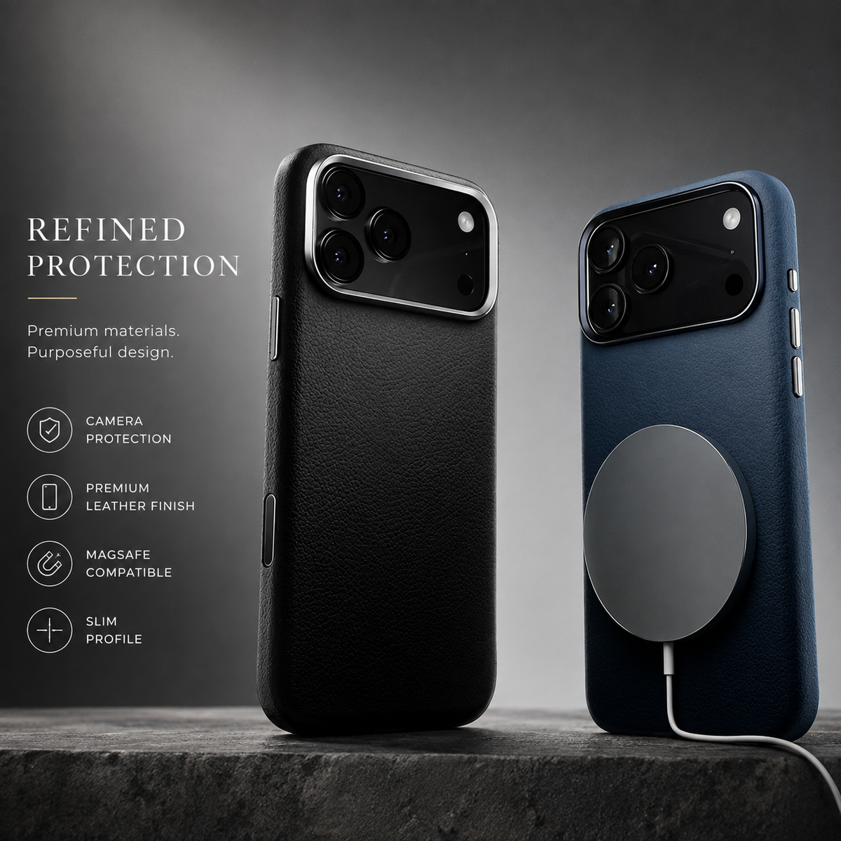 Premium iPhone Case Magnetic Leather Cover Metal Camera Protection Shockproof Anti Fingerprint Full Coverage MagSafe Wireless Charging Slim Protective