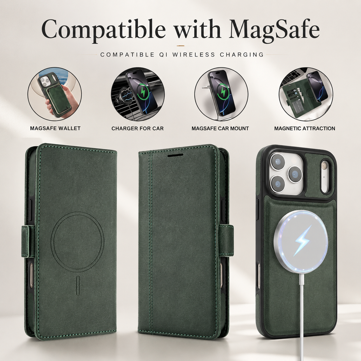 Premium iPhone Case Magnetic Leather Wallet MagSafe Compatible Flip Card Holder Dual Layer Shock Protection Matte Anti Scratch Non Slip Slim Fit Style