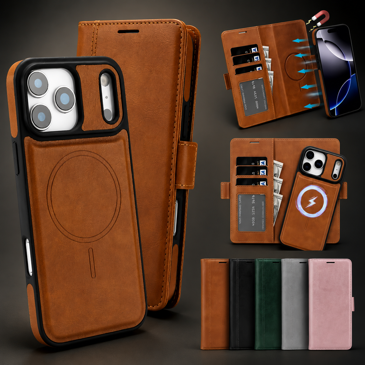 Premium iPhone Case Magnetic Leather Wallet MagSafe Compatible Flip Card Holder Dual Layer Shock Protection Matte Anti Scratch Non Slip Slim Fit Style