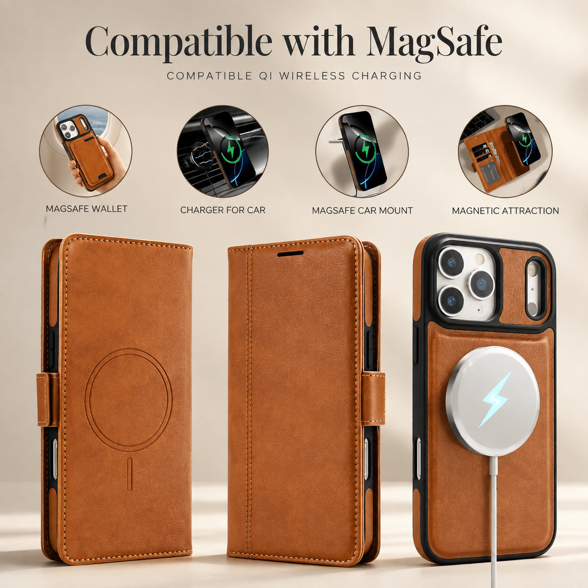 Premium iPhone Case Magnetic Leather Wallet MagSafe Compatible Flip Card Holder Dual Layer Shock Protection Matte Anti Scratch Non Slip Slim Fit Style