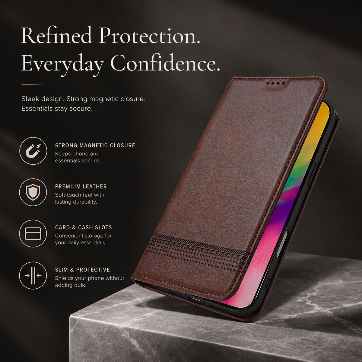 Premium iPhone Case Magnetic Leather Wallet Protective Cover Anti Scratch Dustproof Slim Card Storage Soft Touch Non Slip Full Coverage Folio Case