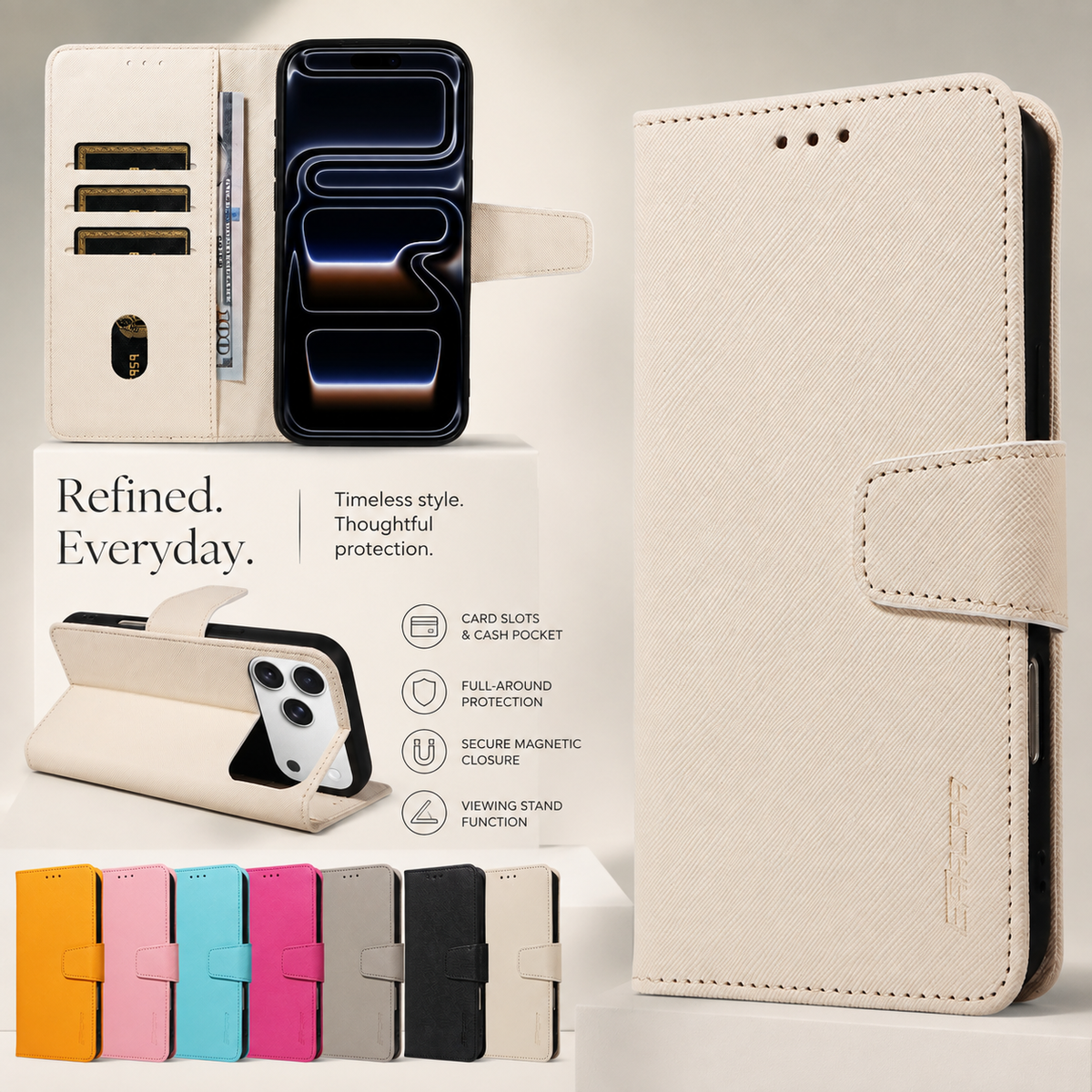 Premium iPhone Case Magnetic PU Leather Wallet Shockproof Protective Cover Anti Scratch Non Slip Slim Card Storage Soft Touch Full Coverage Fashion