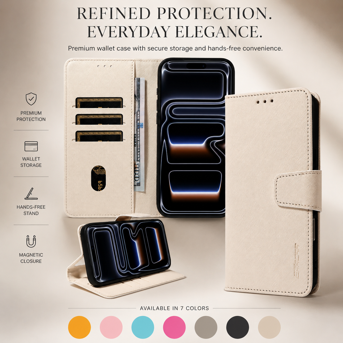Premium iPhone Case Magnetic PU Leather Wallet Shockproof Protective Cover Anti Scratch Non Slip Slim Card Storage Soft Touch Full Coverage Fashion