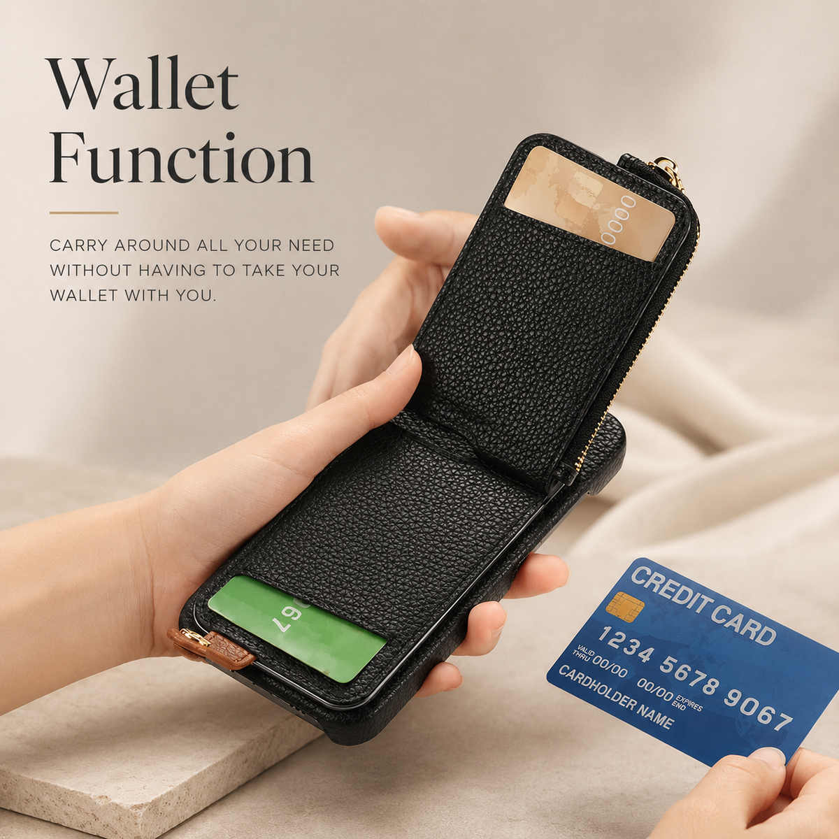 Premium iPhone Case Magnetic PU Leather Wallet Zipper Card Holder Ring Kickstand Lanyard Strap Shockproof Anti Fingerprint Protective Cover