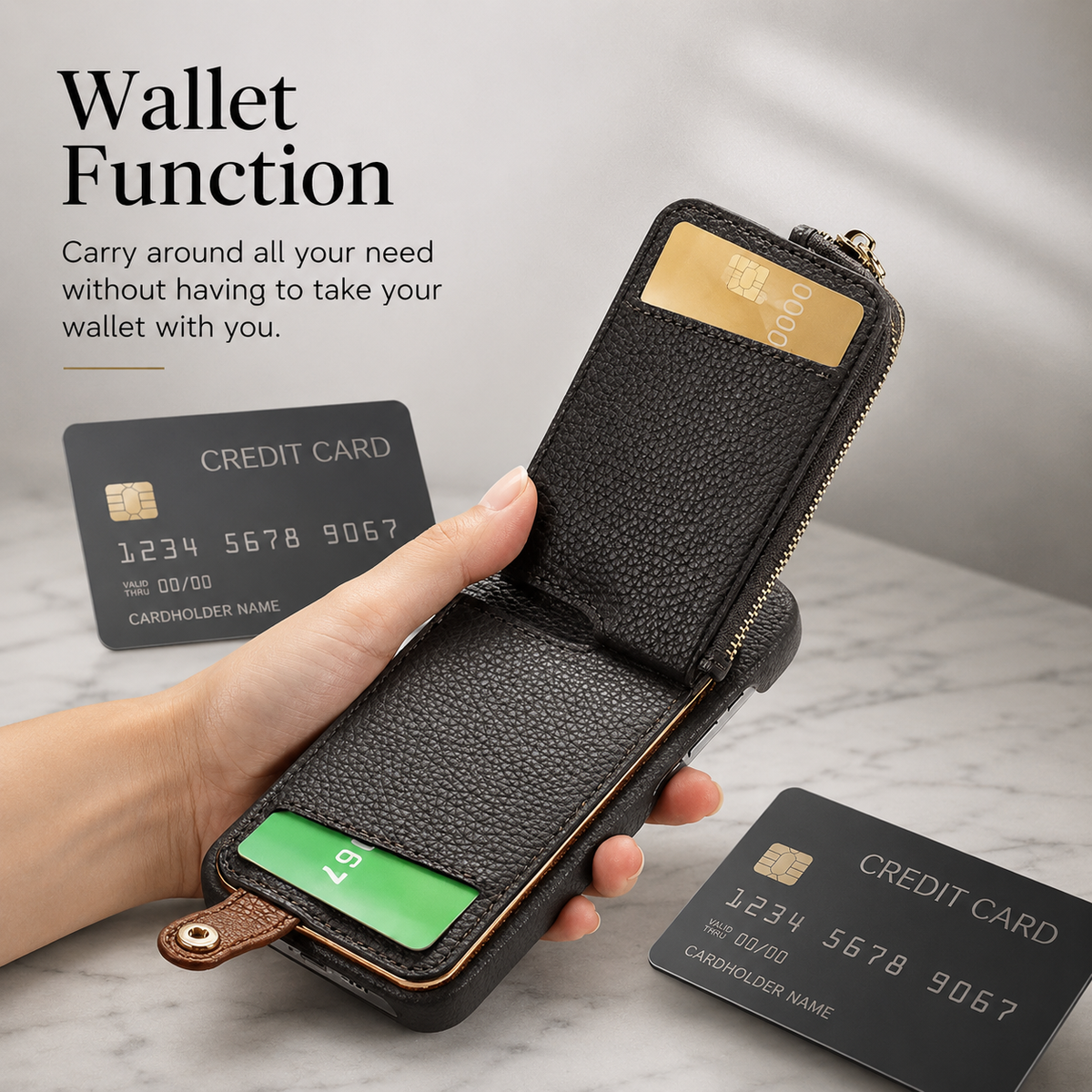 Premium iPhone Case Magnetic PU Leather Wallet Zipper Card Holder Ring Kickstand Lanyard Strap Shockproof Anti Fingerprint Protective Cover