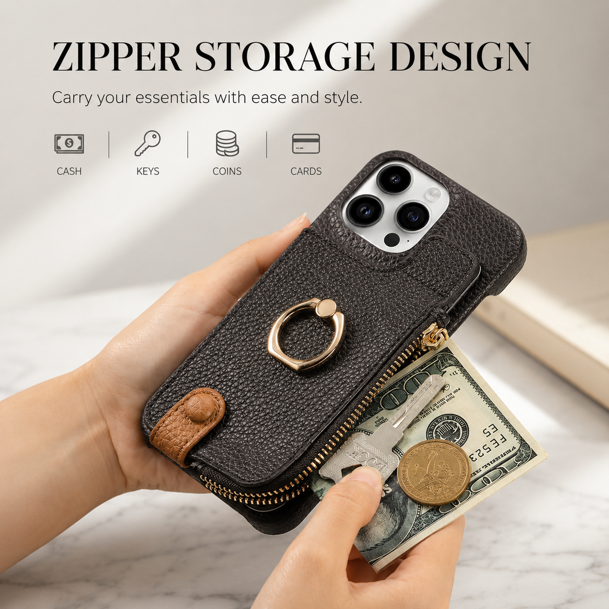 Premium iPhone Case Magnetic PU Leather Wallet Zipper Card Holder Ring Kickstand Lanyard Strap Shockproof Anti Fingerprint Protective Cover
