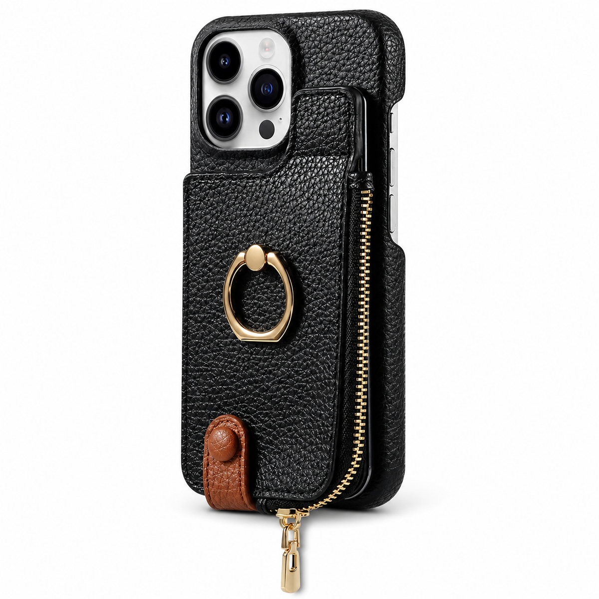 Premium iPhone Case Magnetic PU Leather Wallet Zipper Card Holder Ring Kickstand Lanyard Strap Shockproof Anti Fingerprint Protective Cover