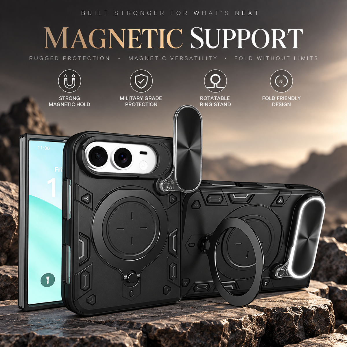 Premium iPhone Case Magnetic Ring Holder Shockproof Armor Shell Slide Camera Protection Tough Anti Scratch Slim Protective Durable Grip Phone Cover Case