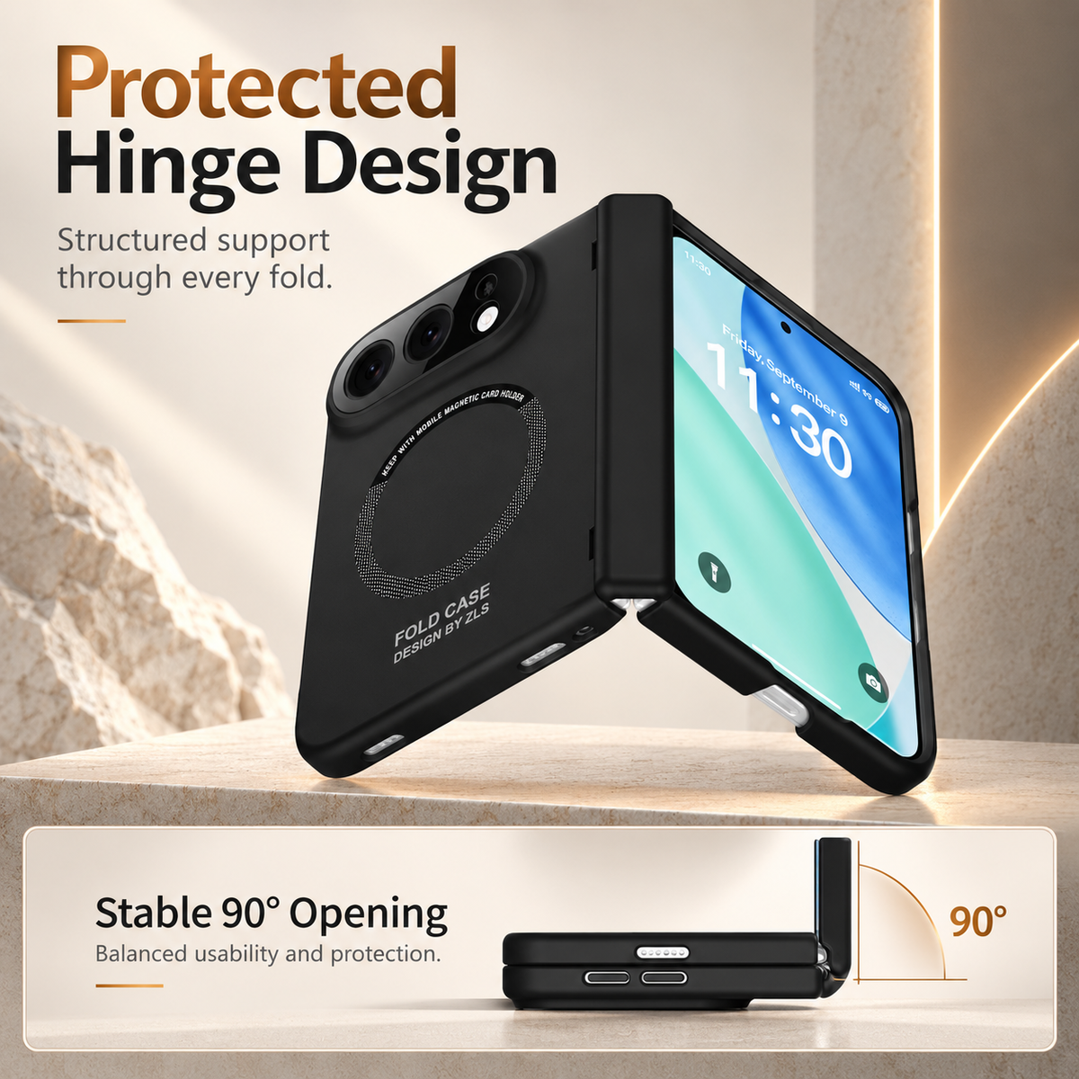 Premium iPhone Case Magnetic Spring Hinge Protection Tempered Glass Foldable Cover Shockproof Hard PC MagSafe Slim Durable Full Protective Phone Cover Case