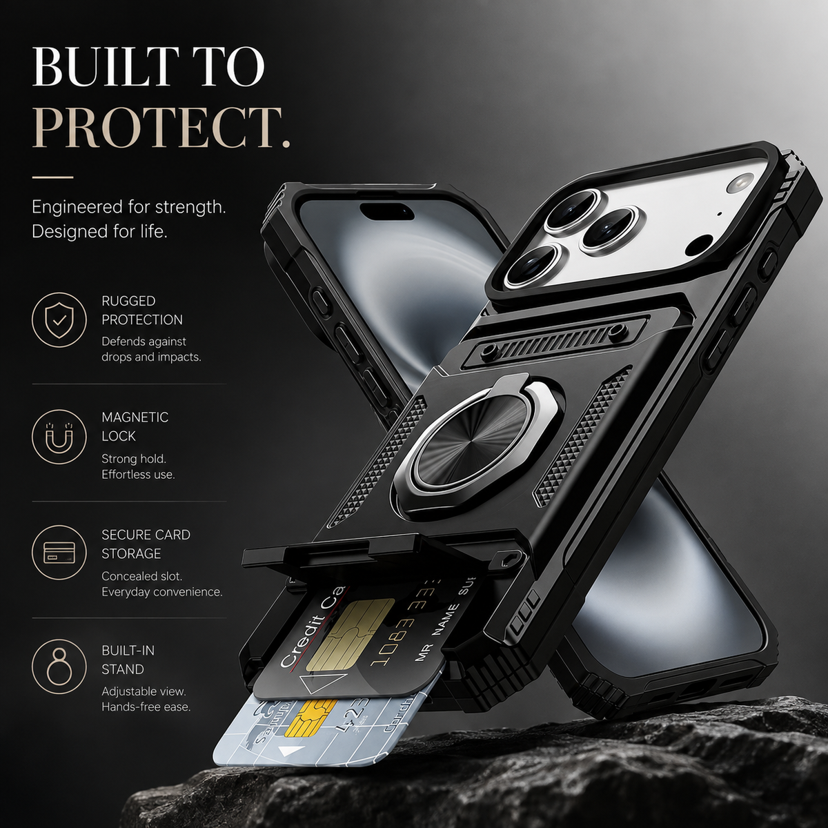 Premium iPhone Case Magnetic Wallet Card Holder Rotating Ring Kickstand Heavy Duty Shockproof PC Protective Cover Non Slip Tough Full Coverage Armor