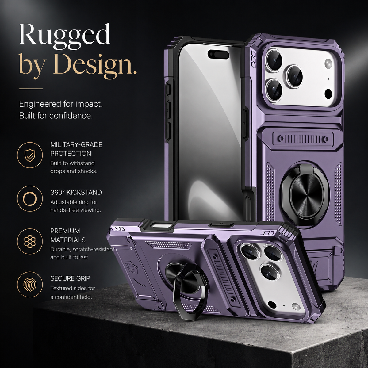 Premium iPhone Case Magnetic Wallet Card Holder Rotating Ring Kickstand Heavy Duty Shockproof PC Protective Cover Non Slip Tough Full Coverage Armor