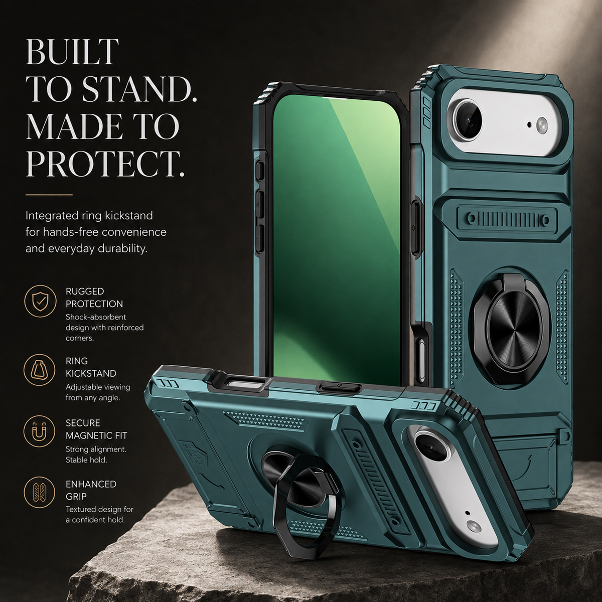 Premium iPhone Case Magnetic Wallet Card Holder Rotating Ring Kickstand Heavy Duty Shockproof PC Protective Cover Non Slip Tough Full Coverage Armor