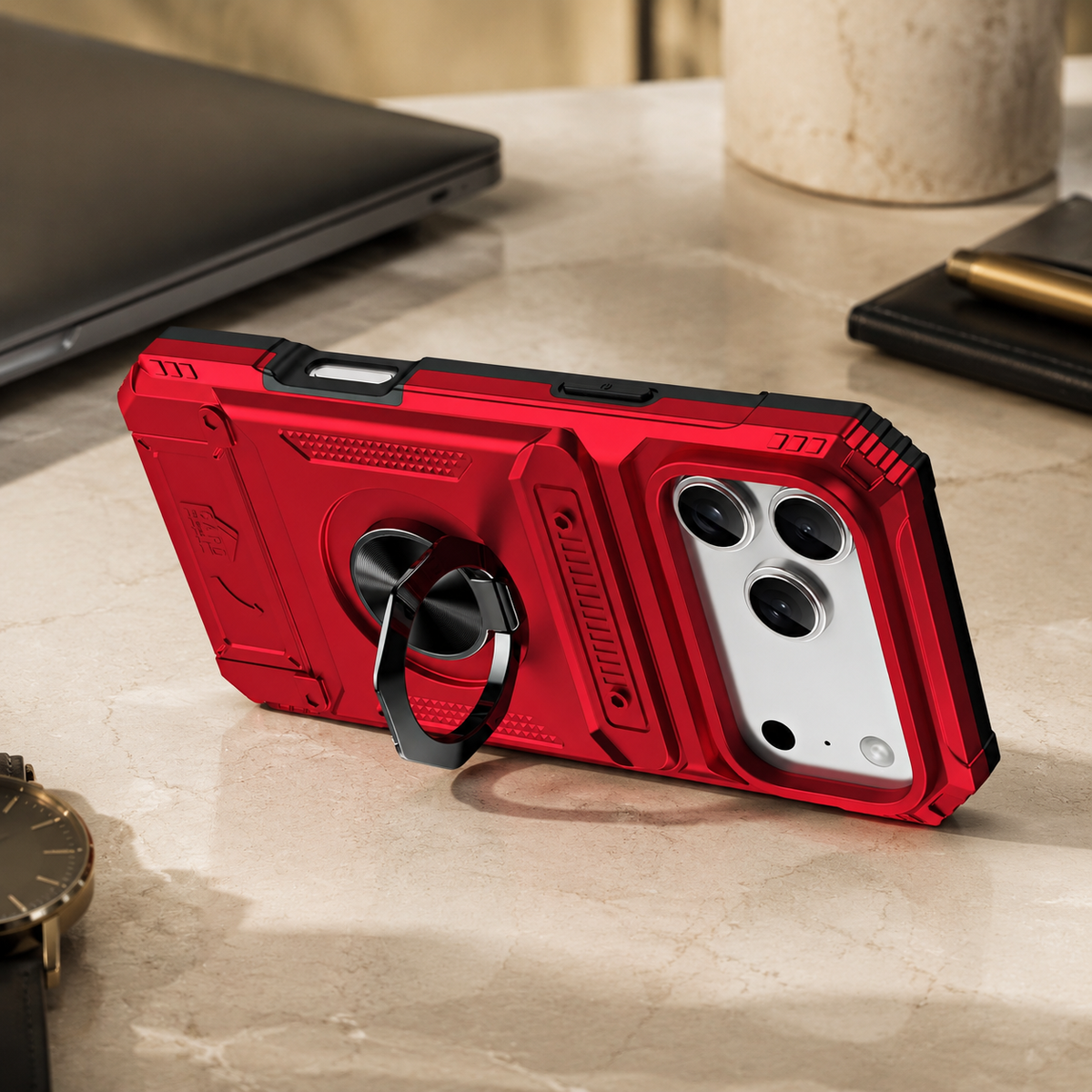 Premium iPhone Case Magnetic Wallet Card Holder Rotating Ring Kickstand Heavy Duty Shockproof PC Protective Cover Non Slip Tough Full Coverage Armor