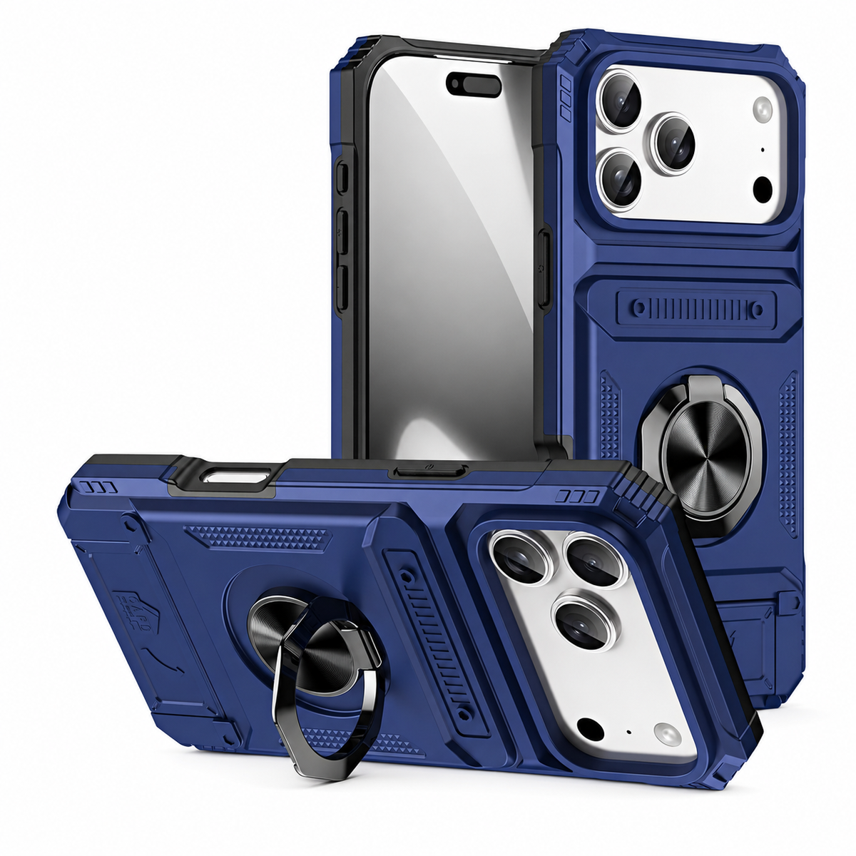 Premium iPhone Case Magnetic Wallet Card Holder Rotating Ring Kickstand Heavy Duty Shockproof PC Protective Cover Non Slip Tough Full Coverage Armor